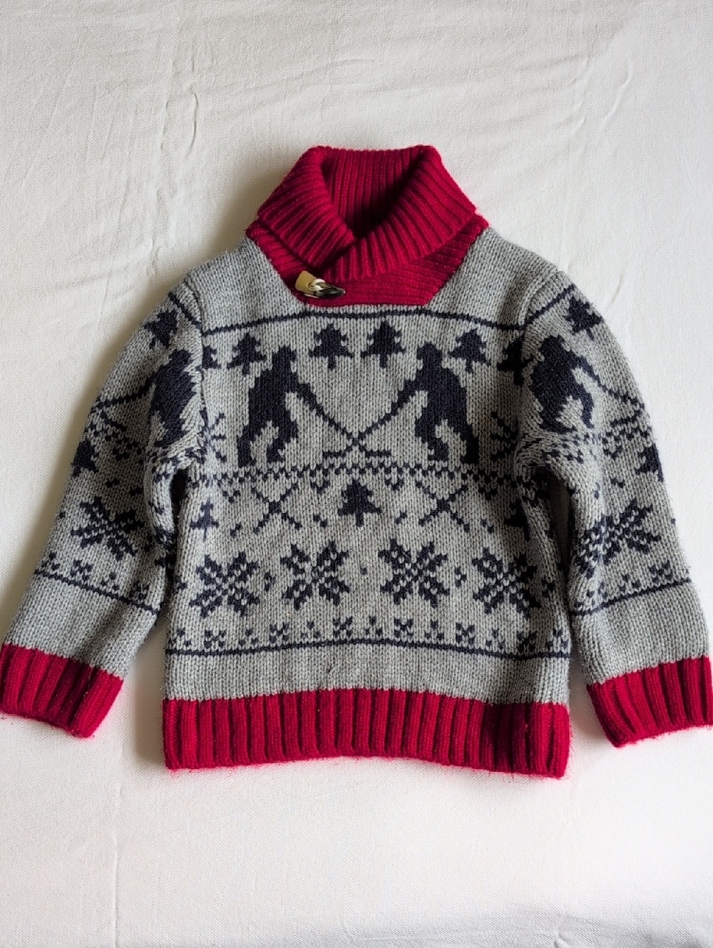 Joe Fresh Hockey Fair Isle Shawl Collar Thick Knit Sweater 4T Gray Toggle Winter